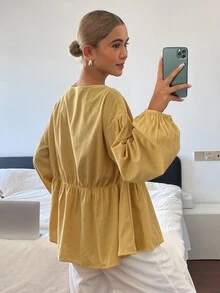 DAZY 女款圓領蝴蝶結寬鬆版型襯衫 - 黃色 - 查看 2