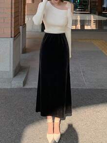 DAZY Women's Fitted Solid Color Satin Mermaid Long Skirt Spring/Summer - Black - View 5