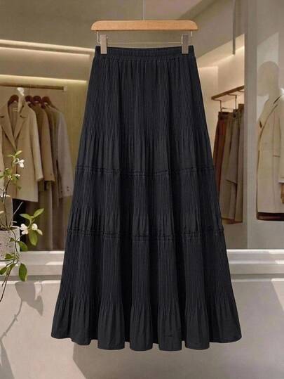 Dazy Plus All-Over Polka Dot Cute Elegant Girl Casual Korean Style Fall Versatile A-Line Black Long Plus Size Women's Skirt Formal Brunch Birthday Office Black