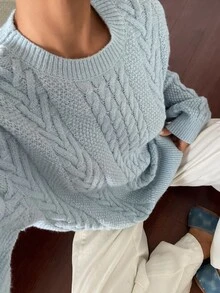 DAZY Women's Solid Color Loose Cable Knit Round Neck Long Sleeve Casual Formal Holiday Autumn Winter Pullover Sweater - Blue - View 1