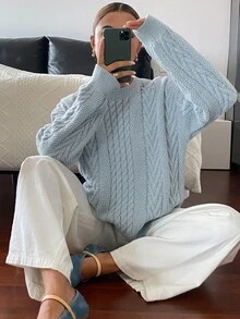 DAZY Women's Solid Color Loose Cable Knit Round Neck Long Sleeve Casual Formal Holiday Autumn Winter Pullover Sweater - Blue - View 6