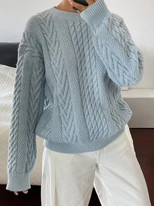 DAZY Women's Solid Color Loose Cable Knit Round Neck Long Sleeve Casual Formal Holiday Autumn Winter Pullover Sweater - Blue - View 4