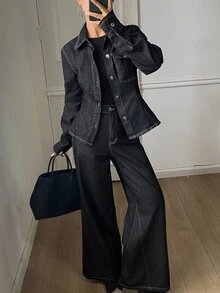DAZY Flap Pocket Denim Shirt & Wide Leg Jeans Fall - Black - View 1