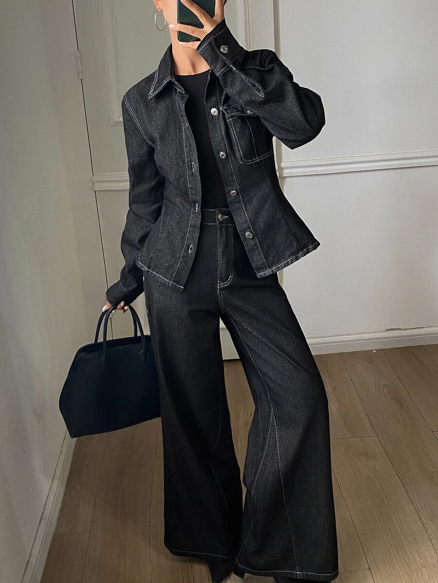 DAZY Flap Pocket Denim Shirt & Wide Leg Jeans Fall - Black - View 1