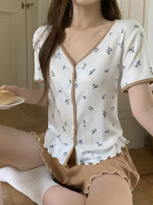 DAZY Contrast Trim Ditsy Floral Lettuce Trim PJ Set - Khaki - View 3