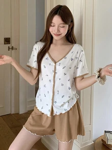 DAZY Contrast Trim Ditsy Floral Lettuce Trim PJ Set - Khaki - View 5