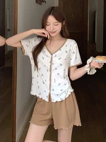 DAZY Contrast Trim Ditsy Floral Lettuce Trim PJ Set - Khaki - View 1