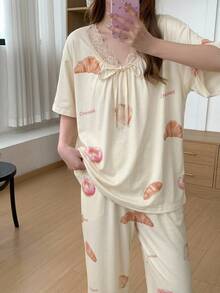 DAZY 2件組女款冰淇淋圖案滿版印花睡衣套裝 - 米色 - 查看 7