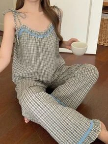 DAZY 2件組條紋無袖背心寬鬆上衣與直筒長款睡褲女款睡衣套裝 - 米色 - 查看 3