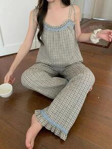DAZY 2件組條紋無袖背心寬鬆上衣與直筒長款睡褲女款睡衣套裝 - 米色 - 查看 4