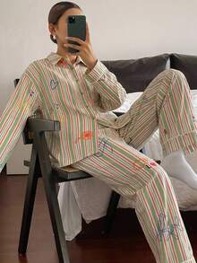 DAZY Cute Striped Graffiti Pattern Loose 2-Piece Women's Pajama Set Fall - Green - View 4