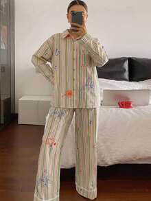 DAZY Cute Striped Graffiti Pattern Loose 2-Piece Women's Pajama Set Fall - Green - View 5