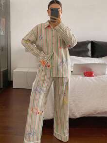 DAZY Cute Striped Graffiti Pattern Loose 2-Piece Women's Pajama Set Fall - Green - View 1
