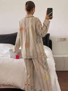DAZY Cute Striped Graffiti Pattern Loose 2-Piece Women's Pajama Set Fall - Green - View 2