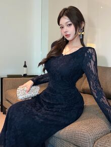 DAZY Women's Round Neck Long Sleeve Lace Elegant Midi Dress Fall - Navy Blue - View 6