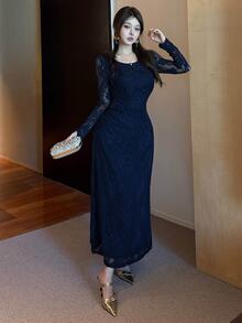 DAZY Women's Round Neck Long Sleeve Lace Elegant Midi Dress Fall - Navy Blue - View 8