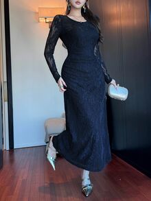 DAZY Women's Round Neck Long Sleeve Lace Elegant Midi Dress Fall - Navy Blue - View 5