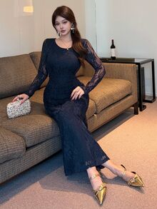 DAZY Women's Round Neck Long Sleeve Lace Elegant Midi Dress Fall - Navy Blue - View 7