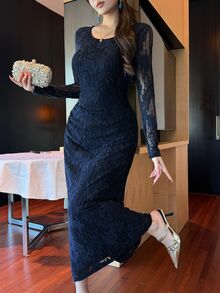 DAZY Women's Round Neck Long Sleeve Lace Elegant Midi Dress Fall - Navy Blue - View 4