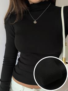 DAZY 女款時尚極簡基本款純色長袖T恤，適合日常穿著與外出，黑色冬季款 - 黑色 - 查看 3