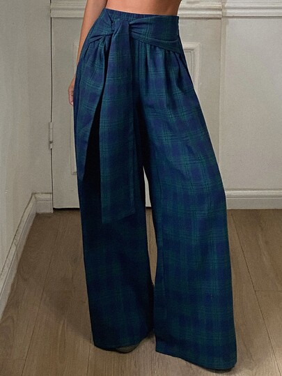 DAZY Women's Colorblock Plaid Loose Wide Leg Pants With Elastic Waistband, Casual Streetwear Vacation Style Long Trousers For Spring And Autumn
