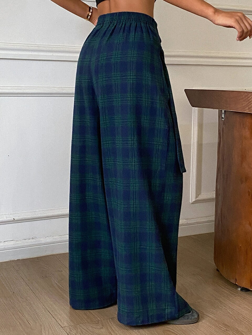 Women's Colorblock Plaid Loose Wide Leg Pants With Elastic Waistband, Casual Streetwear Vacation Style Long Trousers For Spring And Autumn