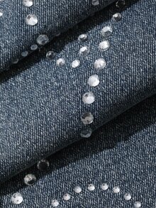 DAZY Distressed Washed Faded Rhinestone Pattern Slim Fit Flare Leg Jeans Casual Vacation Spring Autumn Women's Denim Pants - Blue - View 3