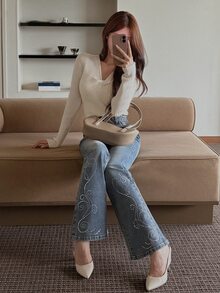 DAZY Distressed Washed Faded Rhinestone Pattern Slim Fit Flare Leg Jeans Casual Vacation Spring Autumn Women's Denim Pants - Blue - View 6