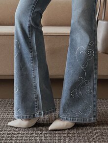 DAZY Distressed Washed Faded Rhinestone Pattern Slim Fit Flare Leg Jeans Casual Vacation Spring Autumn Women's Denim Pants - Blue - View 1