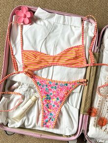 SHEIN Swim 女士沙滩套装，橙色碎花，双面条纹，超迷你比基尼抹胸，时尚休闲度假可爱性感女士泳装套装 - 彩色 - 查看 5