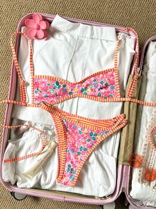 SHEIN Swim 女士沙滩套装，橙色碎花，双面条纹，超迷你比基尼抹胸，时尚休闲度假可爱性感女士泳装套装 - 彩色 - 查看 4