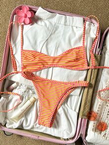 SHEIN Swim 女士沙滩套装，橙色碎花，双面条纹，超迷你比基尼抹胸，时尚休闲度假可爱性感女士泳装套装 - 彩色 - 查看 3