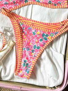 SHEIN Swim 女士沙滩套装，橙色碎花，双面条纹，超迷你比基尼抹胸，时尚休闲度假可爱性感女士泳装套装 - 彩色 - 查看 6