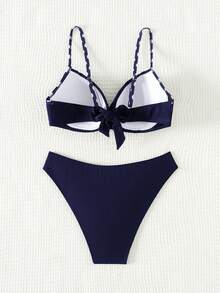 Swim Lushoire 女性夏季海灘波點印花細肩帶比基尼套裝 - 藏蓝色 - 查看 2