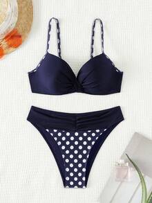 Swim Lushoire 女性夏季海灘波點印花細肩帶比基尼套裝 - 藏蓝色 - 查看 3