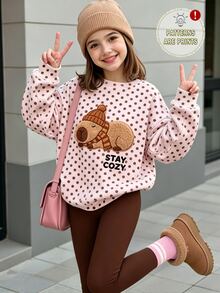 (1套) 秋冬女童幼兒休閒可愛水豚粉色與棕色波點圖案圓領運動衫搭配內搭褲 - 彩色 - 查看 1