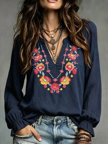 Breezaya 女款花卉刺繡缺口V領長袖休閒襯衫 - 彩色 - 查看 1