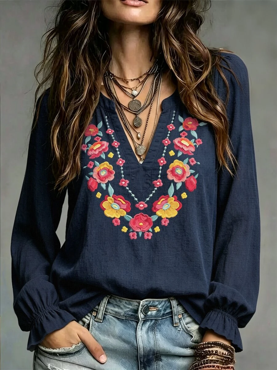 Breezaya 女款花卉刺繡缺口V領長袖休閒襯衫 - 彩色 - 查看 1