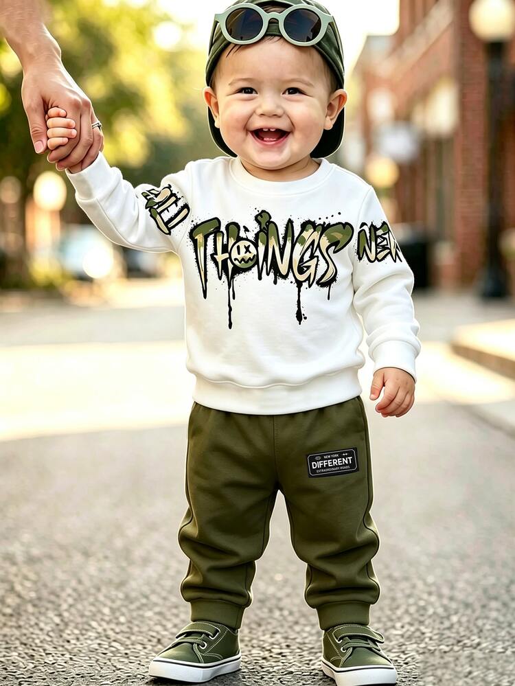 1 Set Baby Boy Spring/Autumn New Long Sleeve Crew Neck Sweatshirt & Pants 2 Pieces Outfit, Fashion Casual Versatile Fit, Stylish & Cool Look, Suitable For Daily Wear, School, Holiday Gifts, Great For Photos, Multi-Scenario Adaptable, Easy To Create Exquisite Kids Outfit, Multi-Wear Design To Meet Various Styling Needs, Multiple Print Designs Durable - Multicolor - View 6