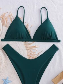 SHEIN Swim Women's Solid Color Spaghetti Strap Bikini Set, Bikini Top And Bottom Summer - Dark Green - View 5