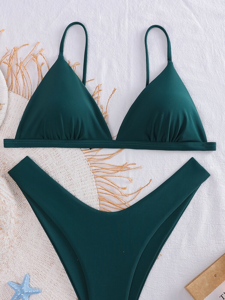 SHEIN Swim Women's Solid Color Spaghetti Strap Bikini Set, Bikini Top And Bottom Summer - Dark Green - View 5