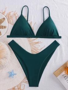 SHEIN Swim Women's Solid Color Spaghetti Strap Bikini Set, Bikini Top And Bottom Summer - Dark Green - View 1