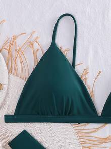 SHEIN Swim Women's Solid Color Spaghetti Strap Bikini Set, Bikini Top And Bottom Summer - Dark Green - View 3