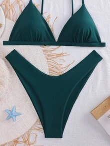 SHEIN Swim Women's Solid Color Spaghetti Strap Bikini Set, Bikini Top And Bottom Summer - Dark Green - View 4