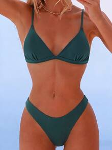 SHEIN Swim Women's Solid Color Spaghetti Strap Bikini Set, Bikini Top And Bottom Summer - Dark Green - View 6