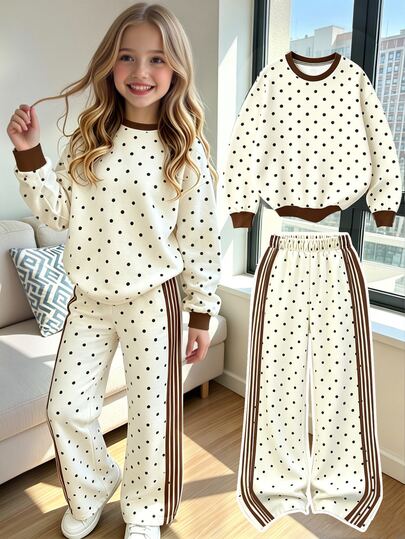Tween Girls Polka Dot Pattern Crew Neck Sweatshirt Set, Suitable For Autumn And Winter Wear, Comfortable Minimalist Casual Daily Style