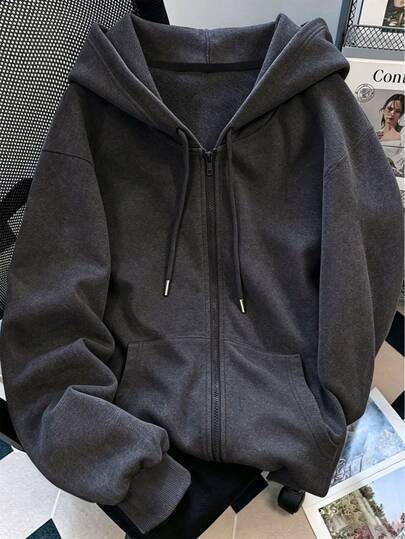 Resyla Women's Hooded Zip-Up Sweatshirt, Autumn Outdoor Top, Solid Dark Gray Jacket, Casual Versatile, Outdoor, Commute, Comfortable Fit