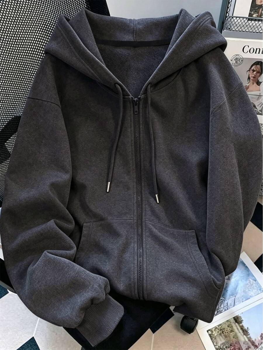 Resyla 女款連帽拉鍊運動衫,秋季戶外上衣,純色深灰色夾克,休閒百搭,適合戶外、通勤,舒適版型 - 深灰色 - 查看 1