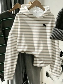 (1套) 秋冬女款青少年休閒時尚極簡劍與小馬奶咖色密集條紋圖案基礎運動衫，適合女孩/女性，日常穿著、街頭、復古經典美式風格、聖誕節、萬聖節、開學季 - 彩色 - 查看 5