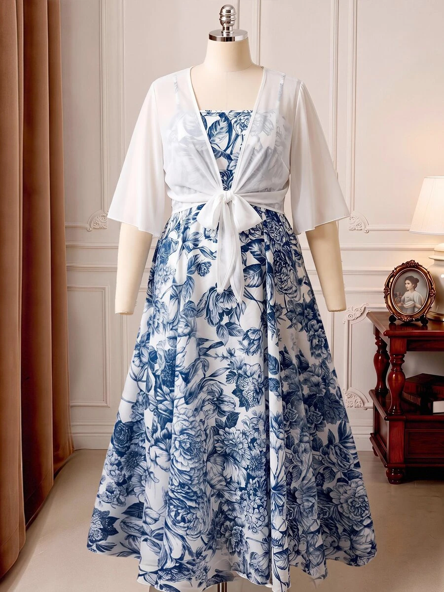 Rometta Plus Size Women's Elegant Chiffon Jacket & Floral Print Cami Dress 2-Piece Set, Suitable For Back To School, Graduation, Dating, Party, Wedding, Outing And More Occasions - Blue and White - View 1